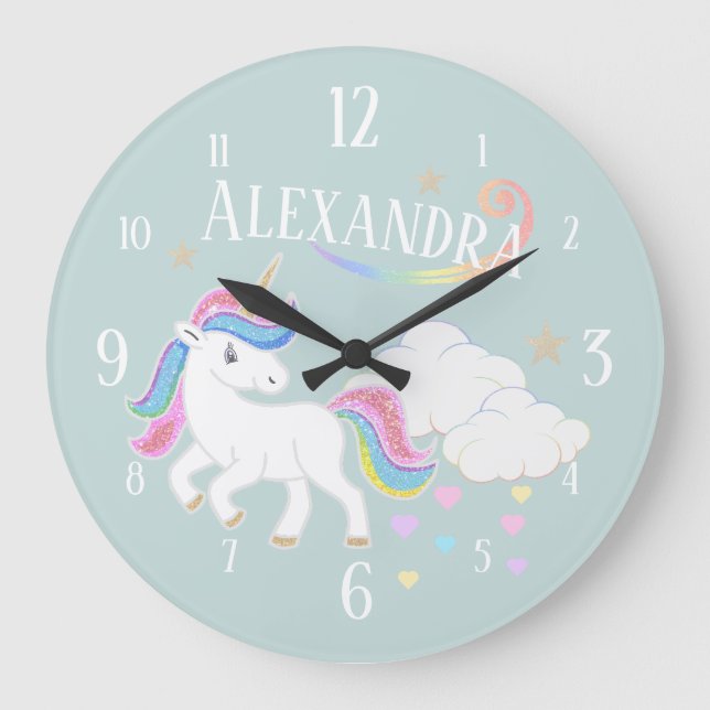 Niedliche Regenbogen-Glitzerunicorn-Sterne und Große Wanduhr (Vorderseite)