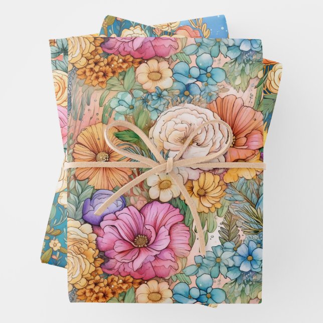 Niedliche Regenbogen und Florals Wasserfarbe Geschenkpapier Set (Beispiel)