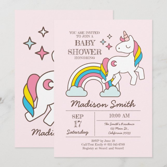 Niedliche Regenbogencreme und Glitzern-Kinderdusch Einladung (Vorne/Hinten)