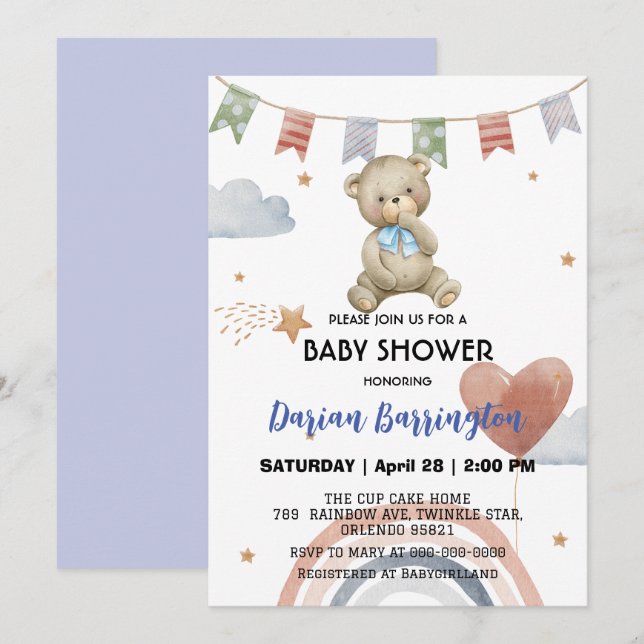 Niedliche Regenbogenknüppel Bärenballon Babydusche Einladung (Vorne/Hinten)