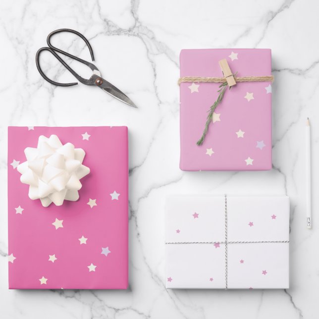 Niedliche Regenbogensteine auf Rosa und Weiß Geschenkpapier Set (Vorderseite)