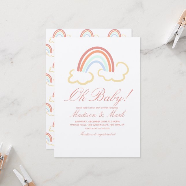 Niedliche Regenbogenwolke Doodle Kinderdusche Rust Einladung (Vorderseite/Rückseite Beispiel)