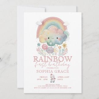 Niedliche Regenbogenwolken & Blume Girl Geburtstag Einladung