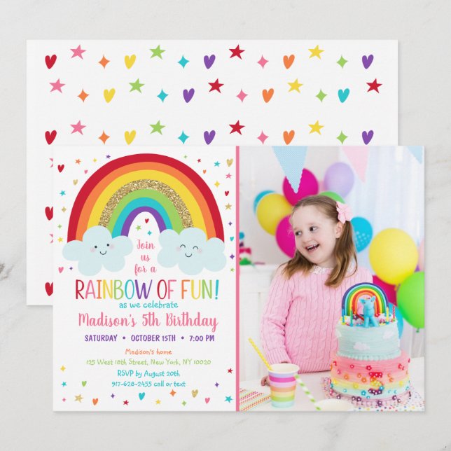 Niedliche Regenbogenwolken Geburtstag Einladung (Vorne/Hinten)