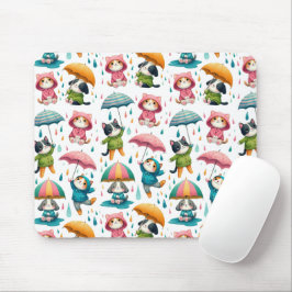 Niedliche Regenkatzen und Hunde mit Regenschirmen Mousepad