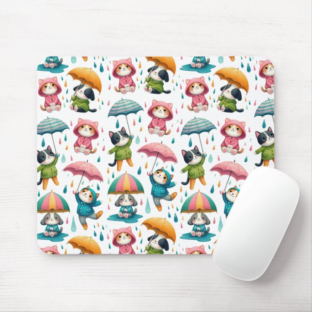 Niedliche Regenkatzen und Hunde mit Regenschirmen Mousepad (Mit Mouse)