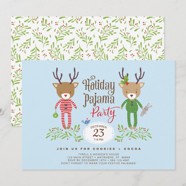 Niedliche Reindeer Holiday Pajama Party Einladung (Vorne/Hinten)