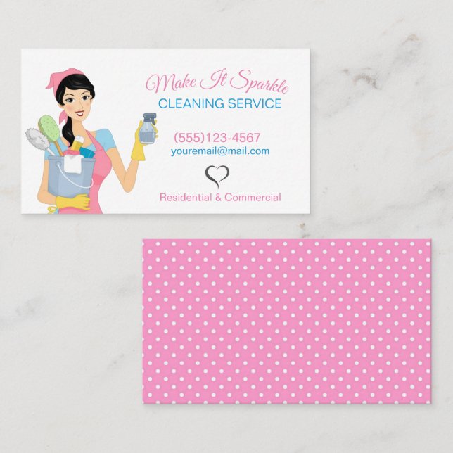 Niedliche Reinigung Haushaltshilfe Pink Polka Dot Visitenkarte (Vorne/Hinten)
