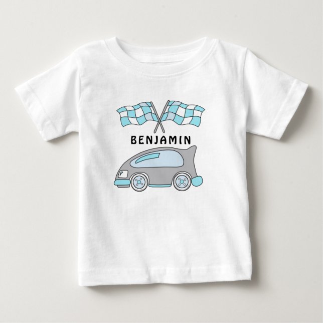Niedliche Rennwagen und Flaggen Babyname Baby T-shirt (Vorderseite)