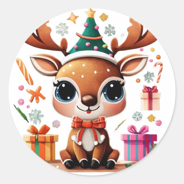 Niedliche Rentier Frohe Weihnachtsgeschenke Runder Aufkleber (Vorderseite)