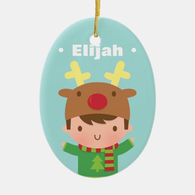 Niedliche Rentier Hat Boy Name Weihnachtsdekoratio Keramikornament (Vorne)