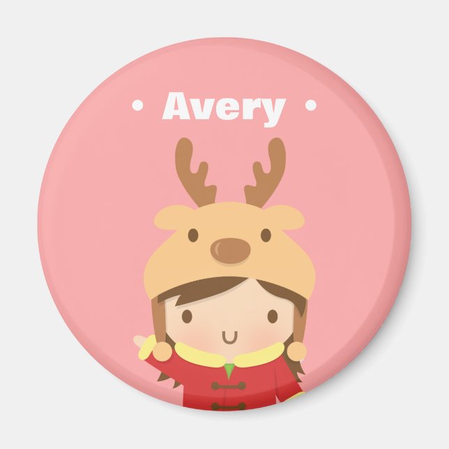 Niedliche Rentier Hat Girl Kinder Weihnachtsfüllun Magnet (Vorne)