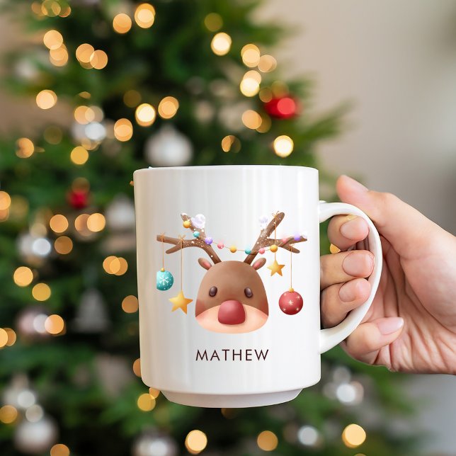 Niedliche Rentier Personalisierte Weihnachtsfeier  Zweifarbige Tasse (Cute Reindeer Personalized Christmas Mug)