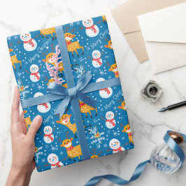 Niedliche Rentier und Snowman Blue Geschenkpapier