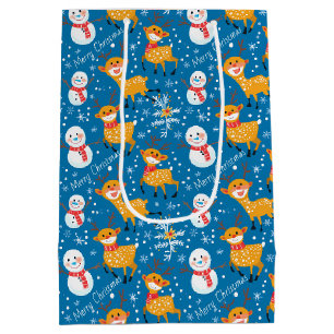 Niedliche Rentier und Snowman Blue Mittlere Geschenktüte