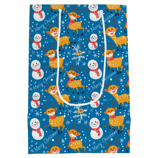 Niedliche Rentier und Snowman Blue Mittlere Geschenktüte (Rückseite)