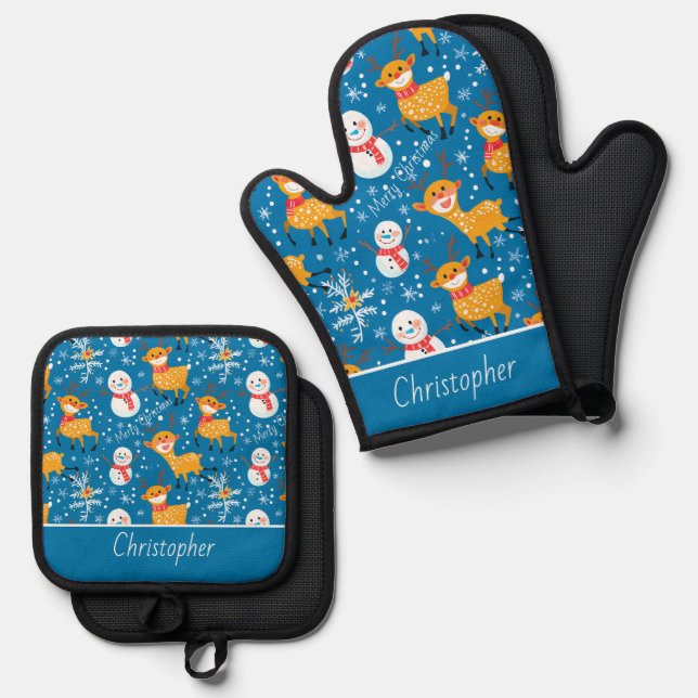 Niedliche Rentier und Snowman Blue Ofenhandschuh & Topflappen-Set (Vorderseite/Rückseite)