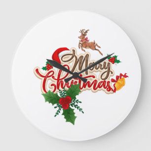 Niedliche Rentier & Weihnachtsmannmütze Frohe Weih Große Wanduhr