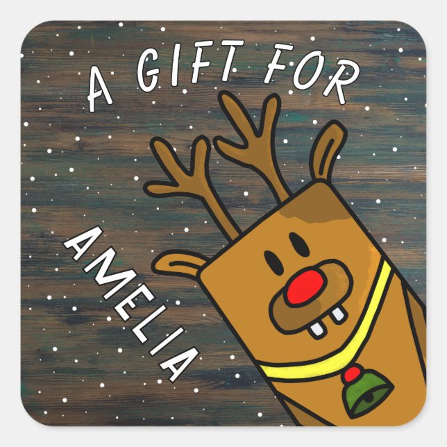 Niedliche Rentier Wood Kid`s Name Weihnachtsgesche Quadratischer Aufkleber (Vorderseite)