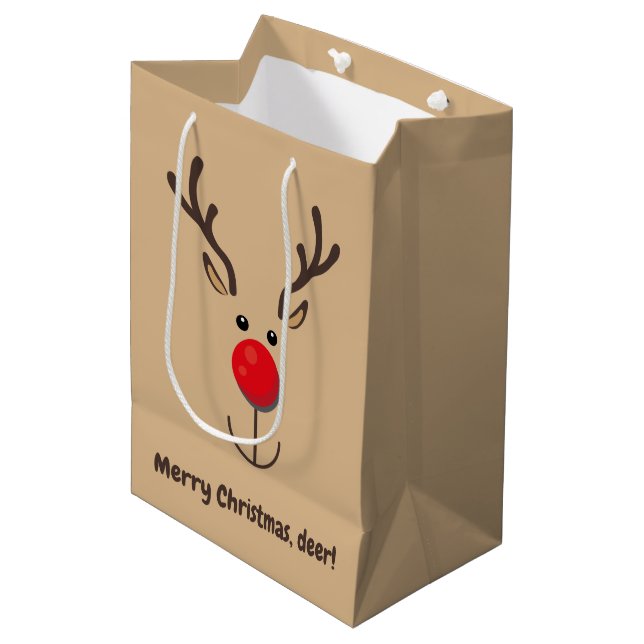 Niedliche Rentiere "Frohe Weihnachten, Hirsche" Mittlere Geschenktüte (Vorderseite Schrägansicht)