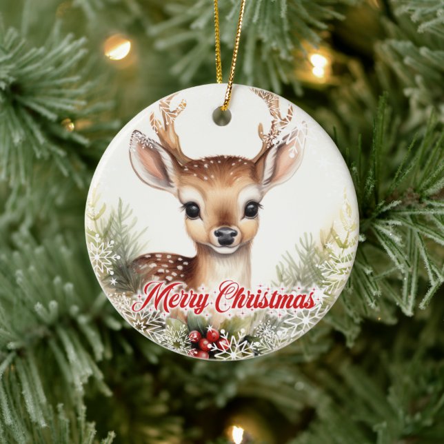 Niedliche Rentiere mit Heiligbeeren Keramik Ornament (Baum)