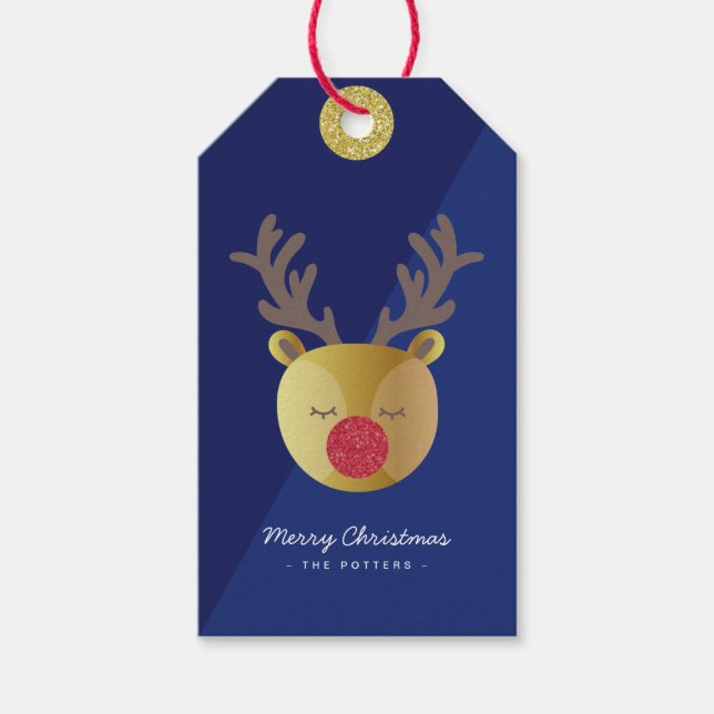 Niedliche Rentiere | Spaß Weihnachten Blau & Gold Geschenkanhänger (Vorderseite)