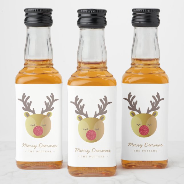 Niedliche Rentiere | Spaß Weihnachten Weiß & Gold Alkoholflaschenetikett (Flaschen)