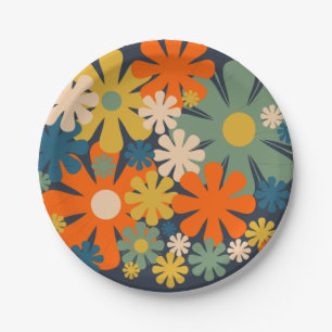 Niedliche Retro-Blume 60er 70er Vibe Pappteller