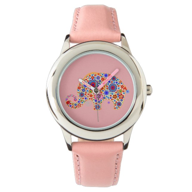 Niedliche Retro-Blume Cartoon Stil Elefant 2 Armbanduhr (Vorderseite)