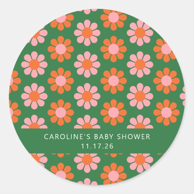 Niedliche Retro-Blume Graurosa Babydusche Runder Aufkleber (Vorderseite)