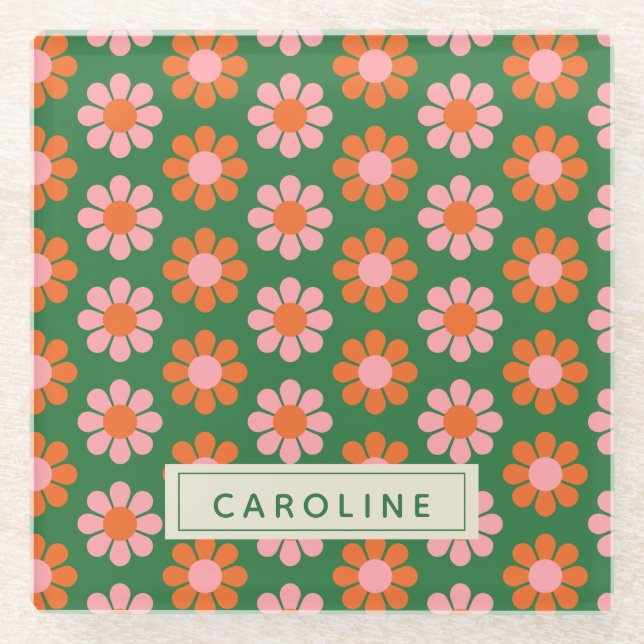Niedliche Retro-Blume Muster Grün rosa Name Glasuntersetzer (Vorderseite)