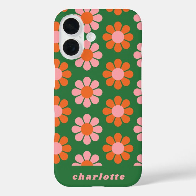 Niedliche Retro-Blume Muster Grün rosa Name iPhone 16 Hülle (Rückseite)