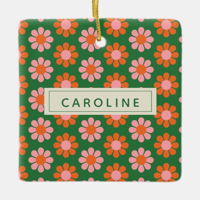 Niedliche Retro-Blume Muster Grün rosa Name Keramikornament (Vorderseite)