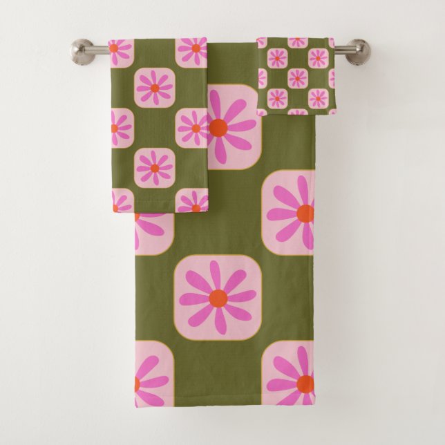 Niedliche Retro Boho Checkerboard-Blume grün rosa  Badhandtuch Set (Insitu)