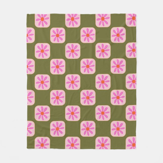 Niedliche Retro Boho Checkerboard-Blume grün rosa  Fleecedecke (Vorderseite)