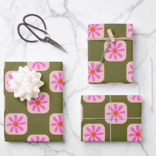 Niedliche Retro Boho Checkerboard-Blume grün rosa Geschenkpapier Set