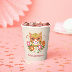 Niedliche Retro Cat und Florals Girls zum Geburtst Pappbecher