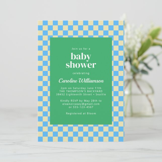 Niedliche Retro-Checkerboard Blue Green Baby-Dusch Einladung (Stehend Vorderseite)
