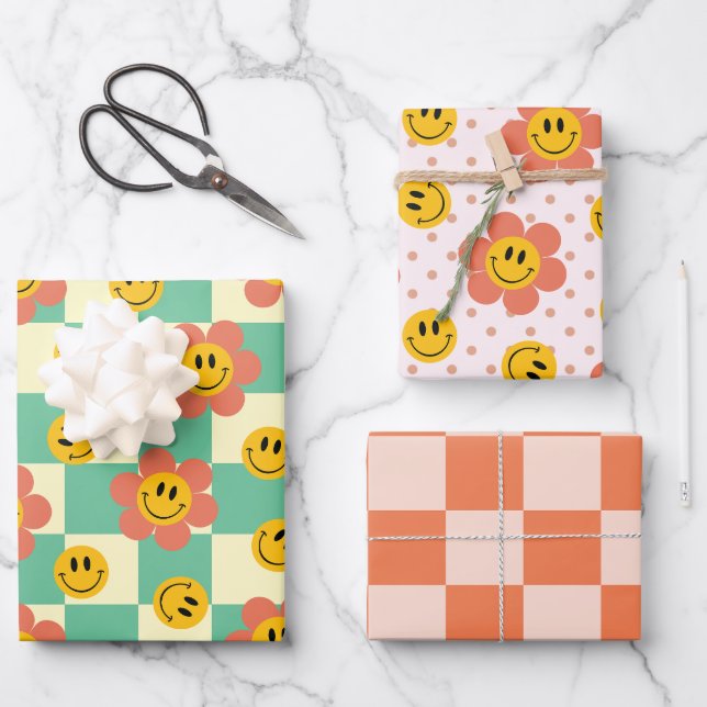 Niedliche Retro-Checkerboard-Muster mit Blume Geschenkpapier Set (Vorderseite)