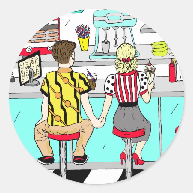 Niedliche Retro Couple Holding Hands bei Diner Runder Aufkleber (Vorderseite)