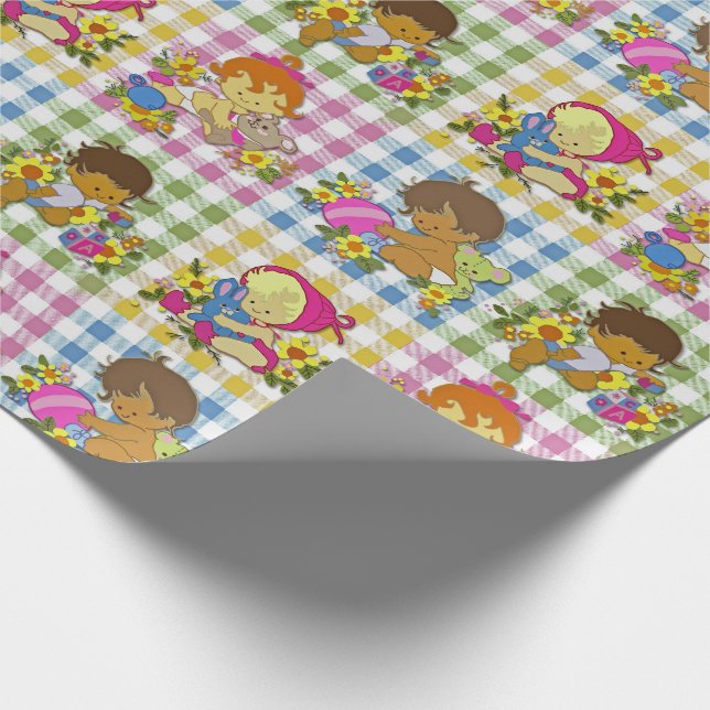 Niedliche Retro-farbige Karierte Babydusche Geschenkpapier (Ecke)