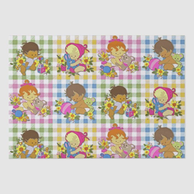 Niedliche Retro-farbige Karierte Babydusche Seidenpapier (Vorderseite)