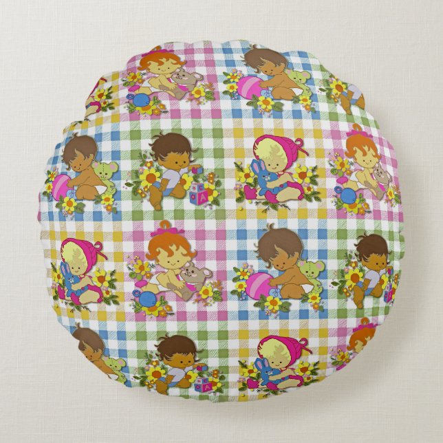 Niedliche Retro-Farbpatchwork Karierte Kinderdusch Rundes Kissen (Vorderseite)
