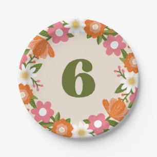 Niedliche Retro-Floral 6 Mädchen Sechster Geburt Pappteller