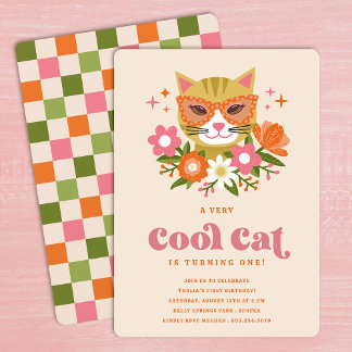 Niedliche Retro Floral Coole Katze Erster Geburtst Einladung