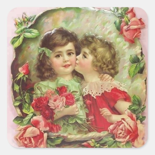 Niedliche Retro-Girls mit Rose Quadratischer Aufkleber (Vorderseite)