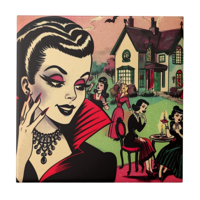 Niedliche Retro Goth Vampire Comic Fliese (Vorderseite)