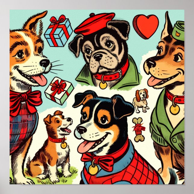 Niedliche Retro Hunde Comicen Poster (Vorne)