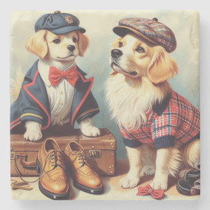 Niedliche Retro-Hunde Ölgemälde Steinuntersetzer