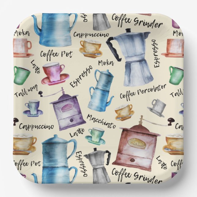 Niedliche Retro-Kaffeemaschinen mit Wasserfarbe Pappteller (Vorderseite)